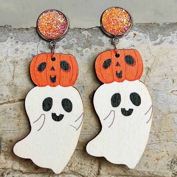 Pumpkin Ghost Wood Drop Earrings - Picture 1 of 2